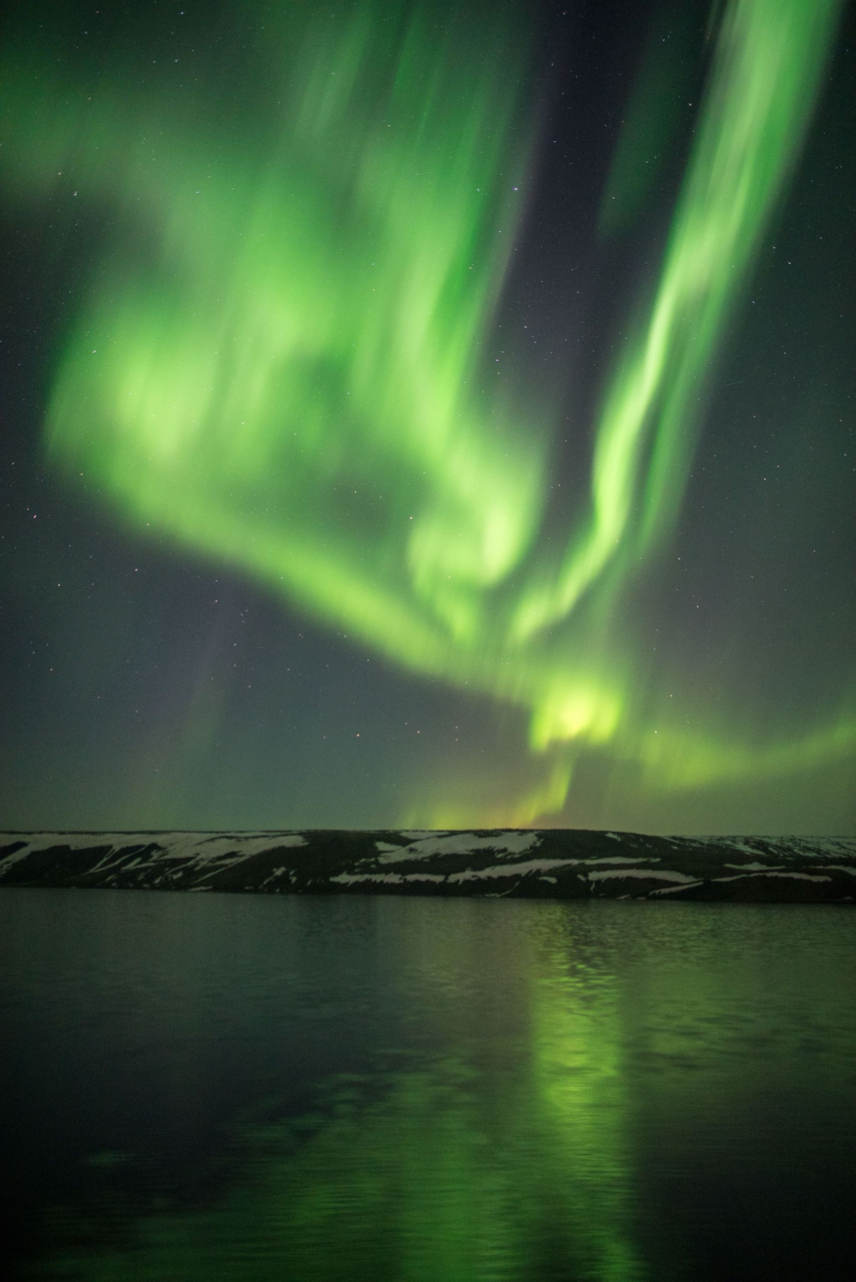 Green northern lights over a snowy ridge, reflected in a calm fjord
