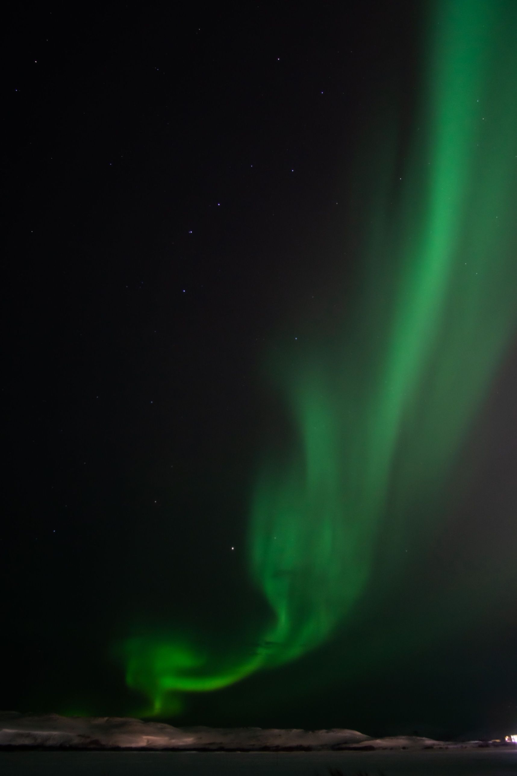 A green aurora curving down to a snowy horizon under a starry sky