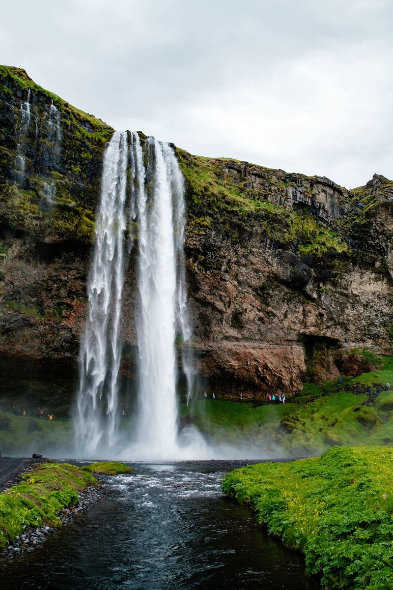 Seljalandsfoss waterfall falling from a mossy cliff into a green valley