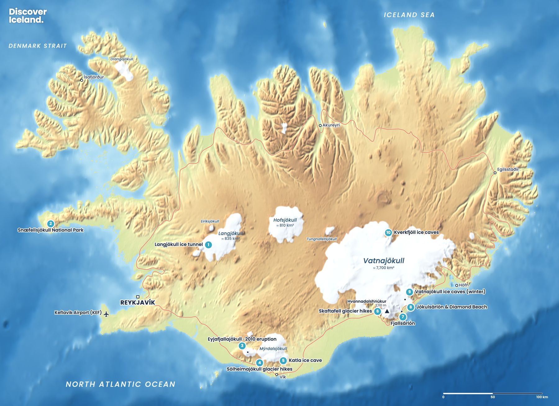 Map of Iceland's glaciers showing the glacier-hike areas at Sólheimajökull and Skaftafell