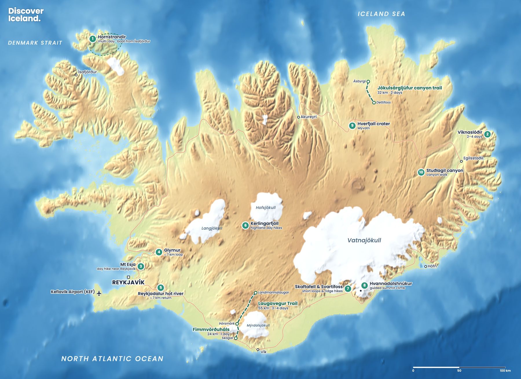 Map of Iceland hiking trails with the Laugavegur Trail from Landmannalaugar to Þórsmörk marked