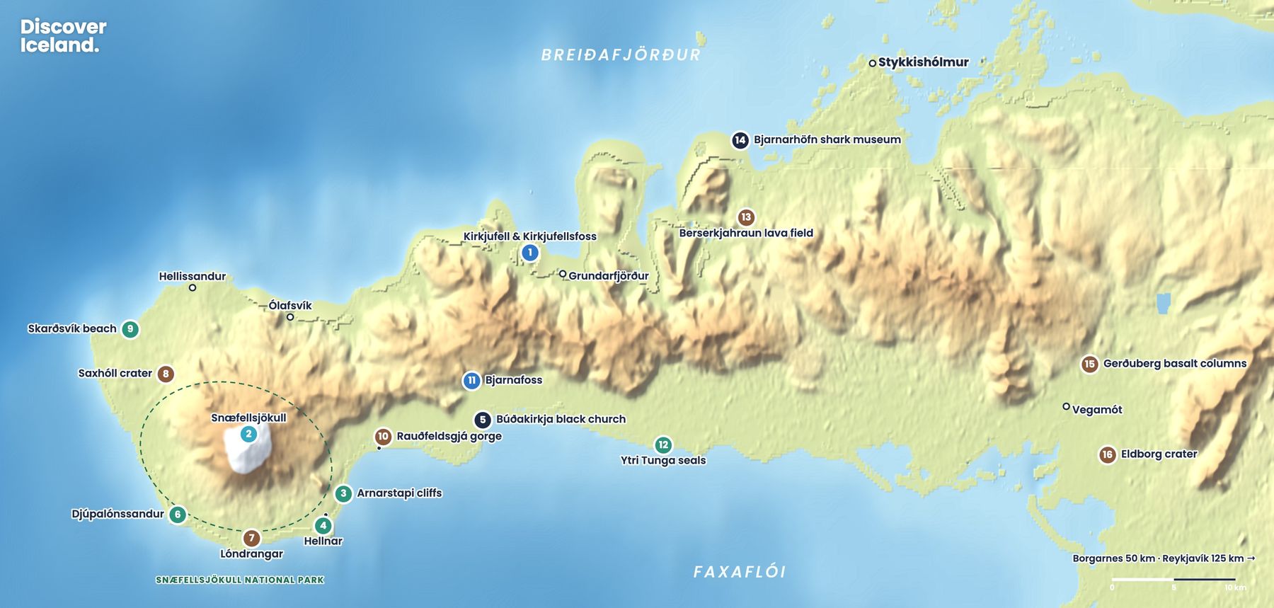 Detailed map of the Snæfellsnes peninsula with 16 numbered stops, from Kirkjufell and Snæfellsjökull to Arnarstapi, Djúpalónssandur and Ytri Tunga