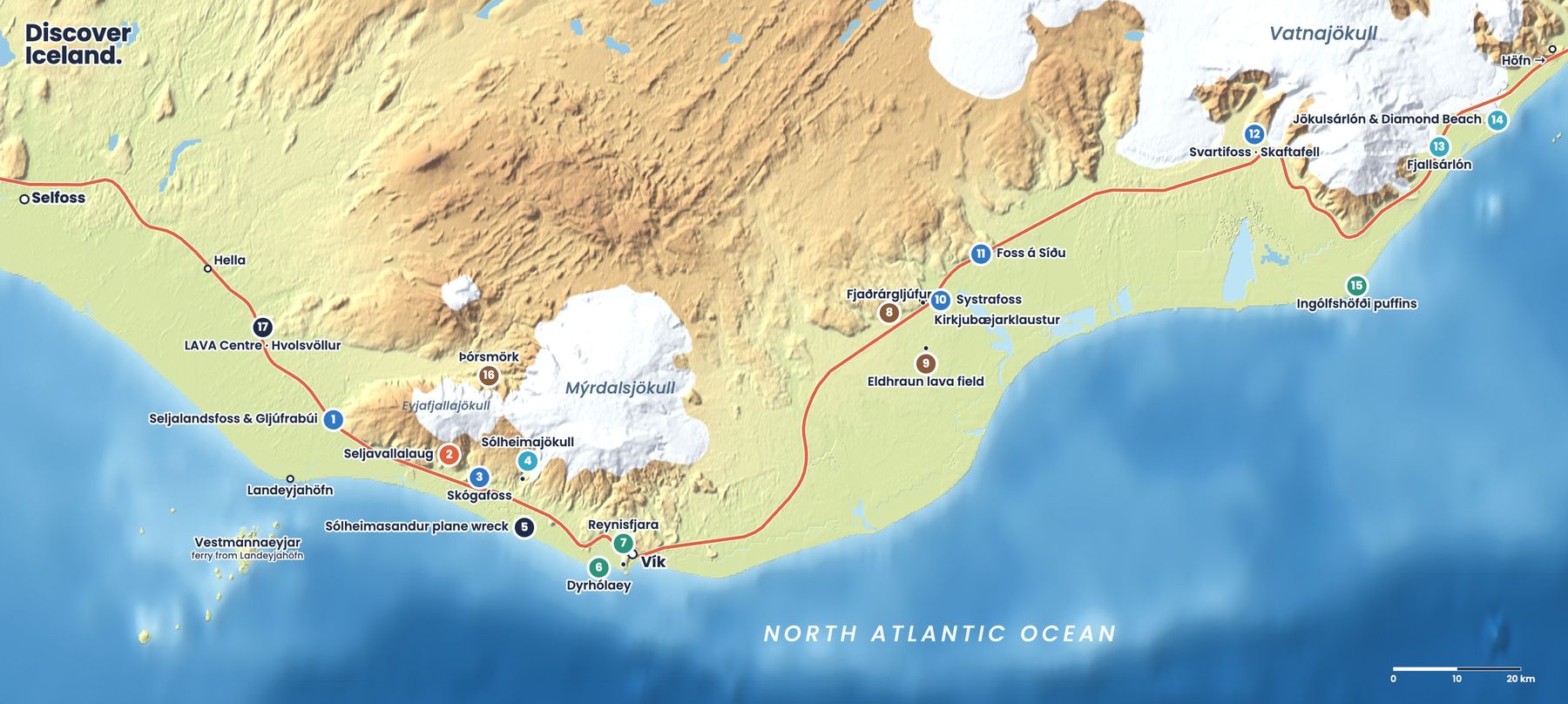 Detailed map of Iceland's South Coast from Selfoss to Jökulsárlón, with 17 numbered stops including Seljalandsfoss, Skógafoss, Reynisfjara, Fjaðrárgljúfur and Skaftafell