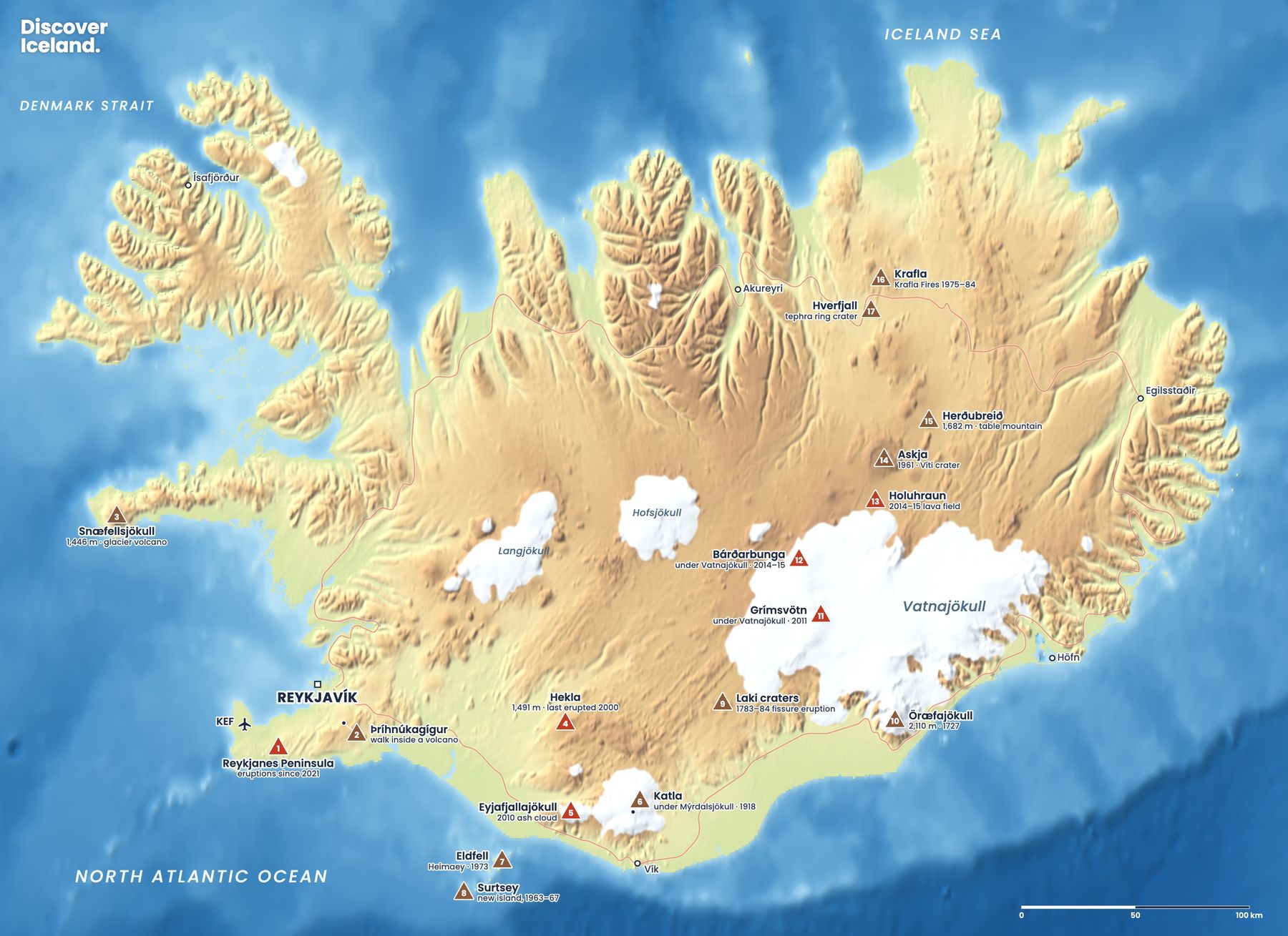 Map of Iceland's volcanoes with the Reykjanes Peninsula marked as number 1 near Keflavík Airport