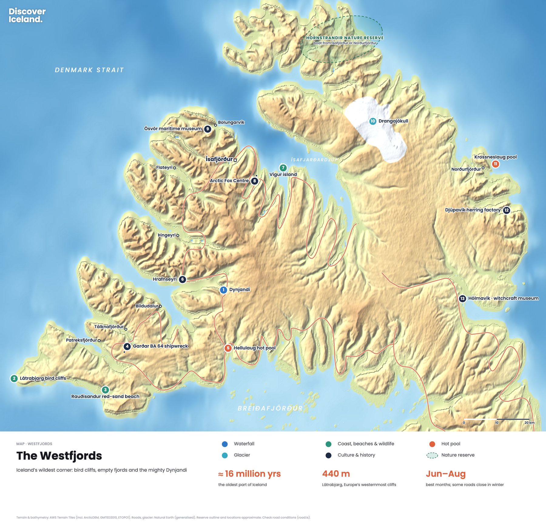Map of the Westfjords with Dynjandi, Látrabjarg, Rauðisandur, Ísafjörður, Hólmavík, Djúpavík, Krossneslaug and Hornstrandir