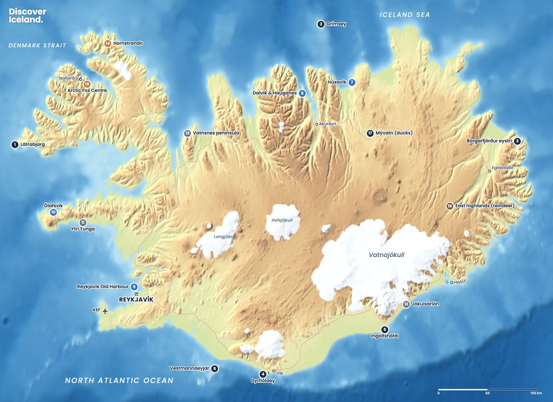 Map of Iceland's wildlife spots, including Húsavík, Dalvík and Hauganes for whales, Grímsey for puffins and Mývatn for ducks