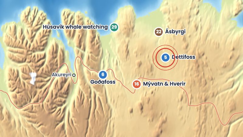 Discover Iceland map showing where Dettifoss is
