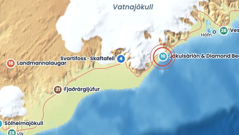 Discover Iceland map showing where Diamond Beach is