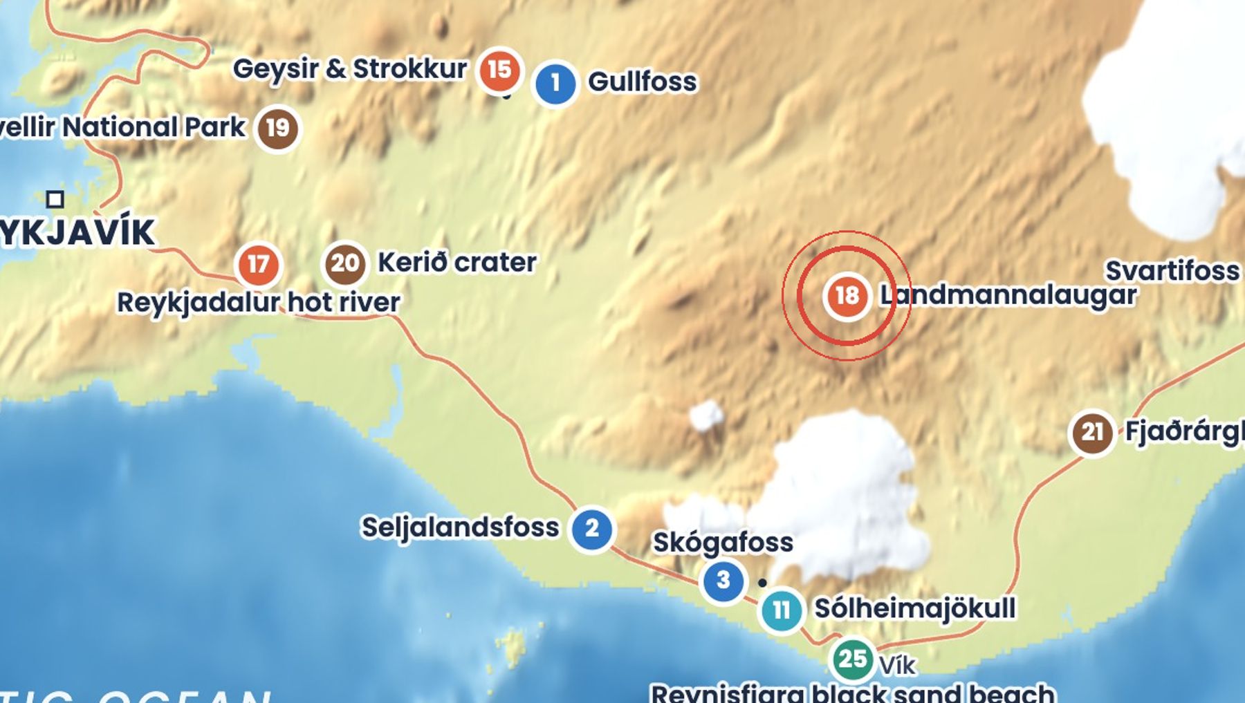 Discover Iceland map showing where Landmannalaugar is