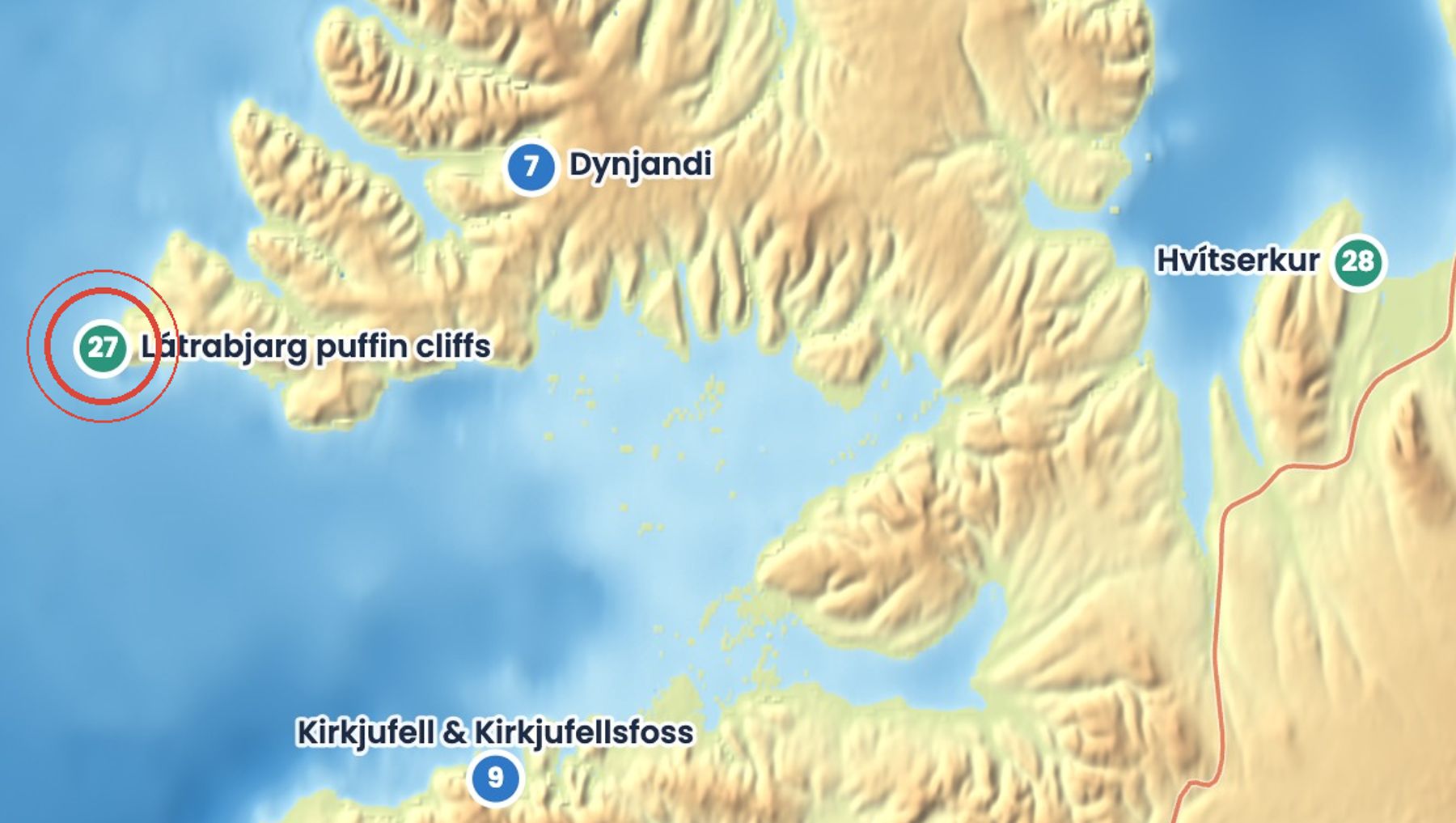 Discover Iceland map showing where Látrabjarg is