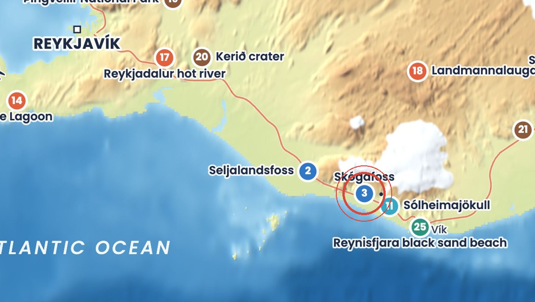 Discover Iceland map showing where Skógafoss is