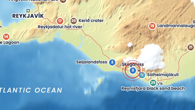 Discover Iceland map showing where Skógafoss is
